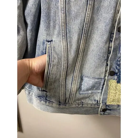 NWT LEVI'S JEAN JACKET MENS PREMIUM TRUCKER DISTRESSED PATCHWORK DENIM BLUE